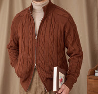 Pure Cotton Knitted British Thickened Heavy Weight Twisted Double Zipper Cardigan