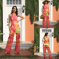 Red Jumpsuit Trousers High Waist Backless Vacation Style Beach Pants