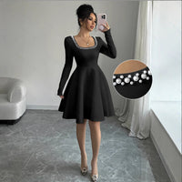 Square-neck Waist-cinched Black Long-sleeve Princess Dress