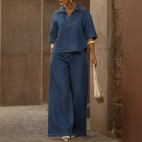 Womens Casual Fashion Denim Top And Wide-Leg Pants Two-Piece Set