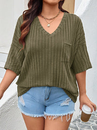 Fashionable Casual Womens Solid-Color V-Neck Top With Pockets And Three-Quarter Sleeves