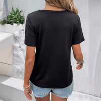 Solid-color Casual Chic Front-cutout Loose-fit Short-sleeve T-shirt