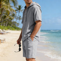 Men's Linen Hooded Casual Set - Loose Fit Breathable Two-Piece Outfit For Summer Daily Wear Holiday Outfit