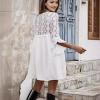 New Womens V-Neck Lace-trimmed Patchwork Dress