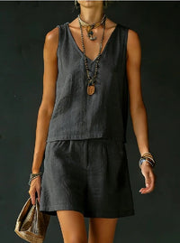 Sleeveless Linen Cotton Top Vest And Shorts Womens Solid Color Two-Piece Set