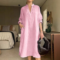 Womens Retro Cotton-Linen Long-Sleeve V-Neck Pocket Dress