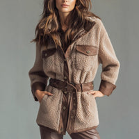 Women's Wear Thickened Lamb Fur Spliced PU Leather Pocket Leather Belt Retro Coat