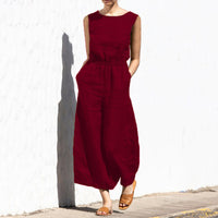 Solid Color Crew Neck Loose Casual Jumpsuit