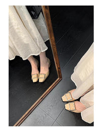 Women's French Style Commuter Pumps, Soft Leather, Hidden Heel, Open Hollow Design, Square Buckle, Block Heel, Elegant Shoes For Dresses