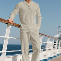 Mens Casual Solid-Color Button-Down Crew-Neck Long-Sleeve Pants Set
