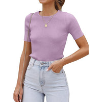 Top Hot Girl Autumn Short Sleeve Slim Round Neck Rib Milk Silk T-shirt For Women