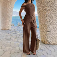 Laid-back Style Womens Off-Shoulder Sleeveless Top And Wide-Leg Pants Set