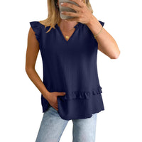 Womens V-Neck Ruffle-Trim Loose Casual Shirt