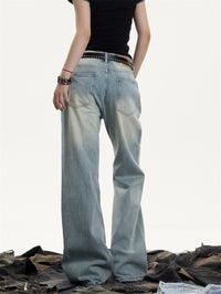 Retro Washed Distressed Jeans With Whiskers Female Hot Girl Loose