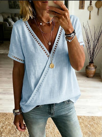 Casual Patchwork Hollow-Out Lace V-Neck Short-Sleeve Top