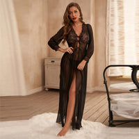 Black V-Neck Long Sleeve Lace Panel Sheer Mesh Nightdress