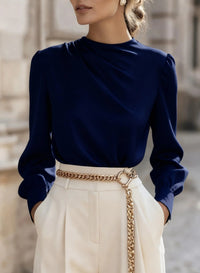 Simple Commuting Temperament Pleated High-neck Lantern Sleeve Blouse For Women