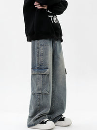 Retro Washed Wide Leg Multi-pocket Loose Straight Jeans
