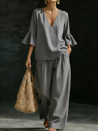 Womens V-neck Ruffle-Sleeve Top And Wide-Leg Pants Two-Piece Set