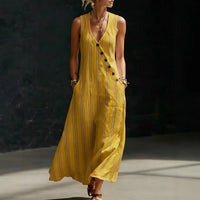 Womens Loose V-Neck Slant-Button Dress