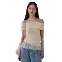Neck-strap Lace-spliced Hem Off-shoulder Slim-fit T-shirt Top
