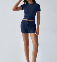 New Breathable Yoga Short-Sleeve Top And Shorts Drawstring Casual Sports Womens Set