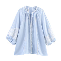 Stitching Lace Lantern Sleeve Round Neck Shirt