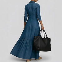 Street-style Vintage-collar Chic Denim High-end And Fashionable Fitted-waist Maxi Dress