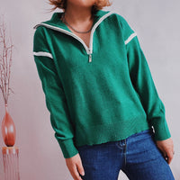 Women's Casual Knitted Zipper And Lapel Contrast Color Long Sleeves Sweater