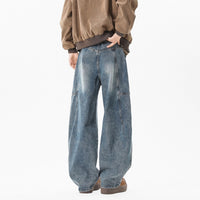 Retro Pleated Washed Denim Jeans Mens Straight-Leg Loose-Fit