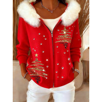 Stylish 3D Digital-Print Womens Cardigan With Faux Fur Hoodie