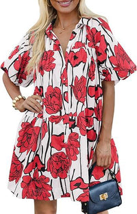 New Style Floral-print Loose-fitting Beach Dressshirt Dress