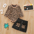 Yarn-dyed Leopard Print Cotton Romper Leather Skirt Zipper Clothes Two Pockets, Two-piece Set