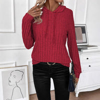 Casual Rib Sunken Stripe Pullover Hooded Long Sleeves Sweater