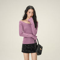 Pure Desire Oblique Angle Shoulder Soft Knit Sweater Base Shirt