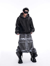 Niche Hollow Out Knitmesh Hooded Fleece Lined Sweater