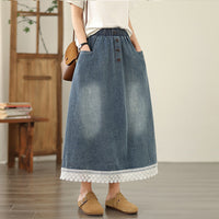 Summer New Plus Size Loose Slimming Plump Girls Stitching Lace Denim Skirt