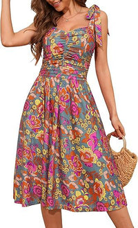 V-Neck Elegant Floral Print Waist-Cinching Lace-Up A-Line Dress Womens Wear