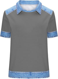 Denim Patchwork Crew Neck Short-sleeve Loose Casual Everyday Versatile