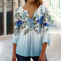Women's Floral Printed 34 Sleeves V-neck Buttons Shirt