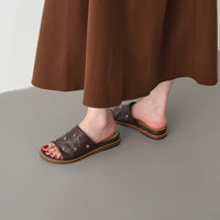 Women's Premium Full Grain Leather Studded Slide Sandals, Open Toe Flat Mules