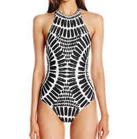 Black sexy cross color block wire free halter one piece swimwear