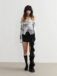 Ladies Designer Natural Light And Shadow Print Caution Machine Shirt