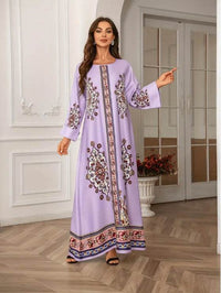 Elegant Floral Print Long Sleeve Abaya Dress