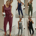 Round neck vest tie Solid Color Jumpsuit