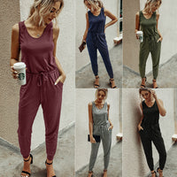 Round neck vest tie Solid Color Jumpsuit