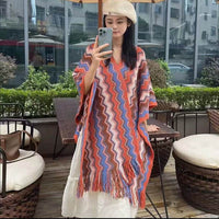 New Wave Pattern Geometric Long Beard Thickened Knitting Slit Travel Scenic Spot Warm Ethnic Style Shawl