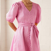 Womens V-Neck Puff-Sleeve Single-Breasted Lace-Up High-Waist Dress