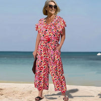 Loose Short Sleeve V-neck Printed Jumpsuit