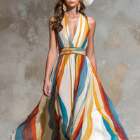 2-Wave Striped Sleeveless Maxi Dress With A Deep V-Neck And Off-the-Shoulder Design